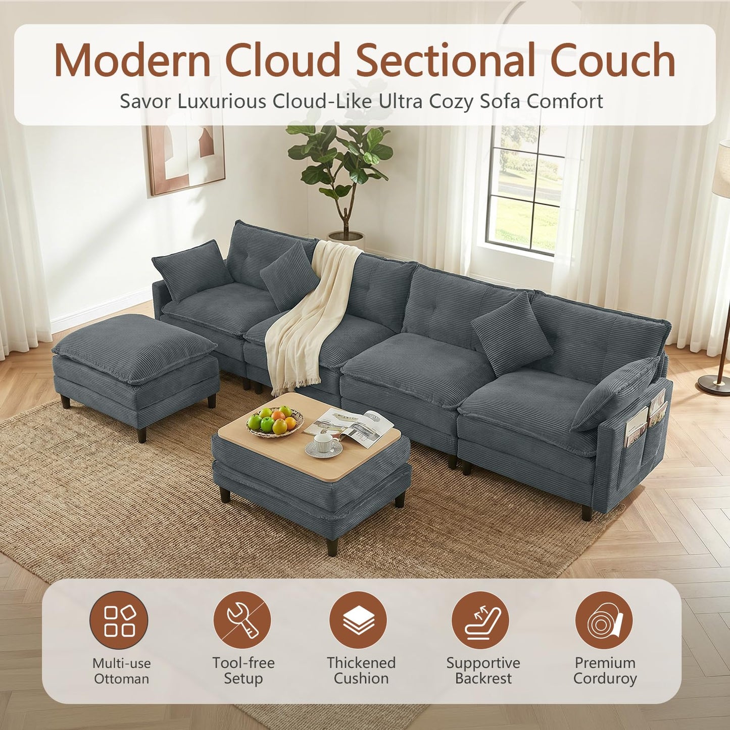 Corduroy Sectional Sofa - 4 Seat & 2 Ottoman