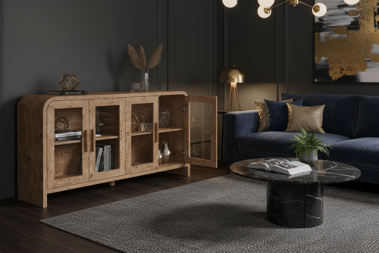 Curved Sideboard Cabinet - 4 Glass Doors