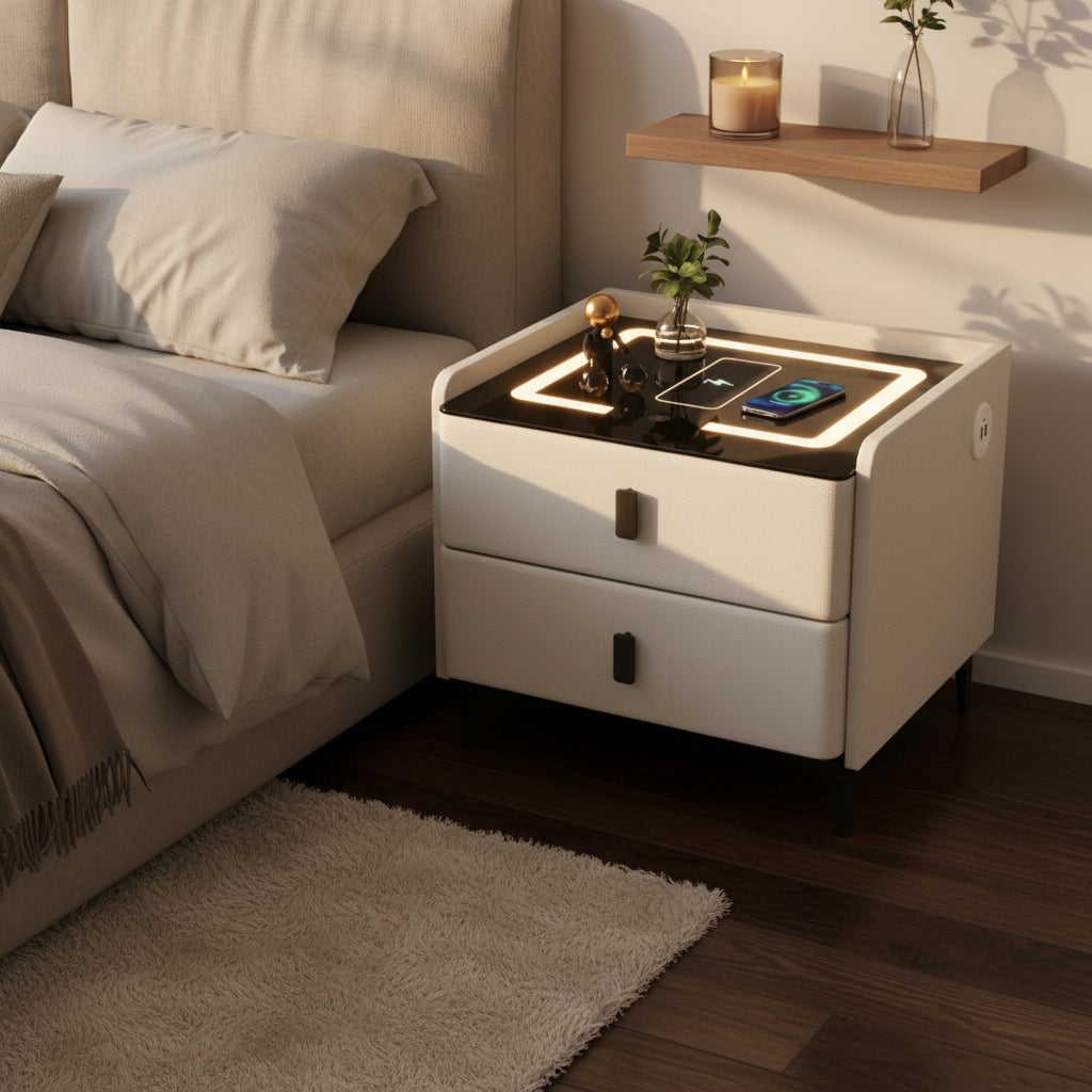 A modern bedside table shown in a bedroom setting next to a bed, with dimension labels indicating 45 cm height and 40/45/50 cm width/depth options. The table has a white textured exterior, black legs, a black top surface with a built-in LED light ring, and a wireless charging pad.