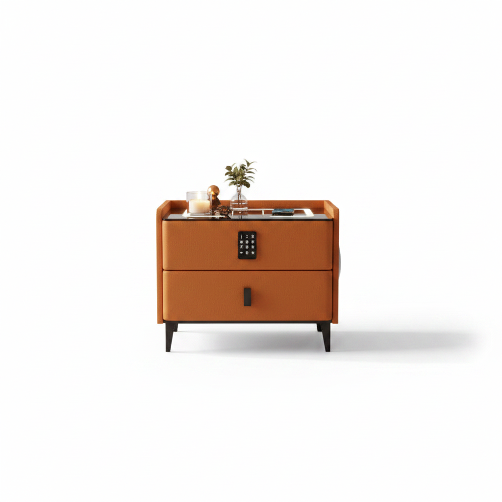 An orange-brown leather two-drawer nightstand with a glass top, black metal legs, and a black digital lock, shown on a white background with decorative props on top.