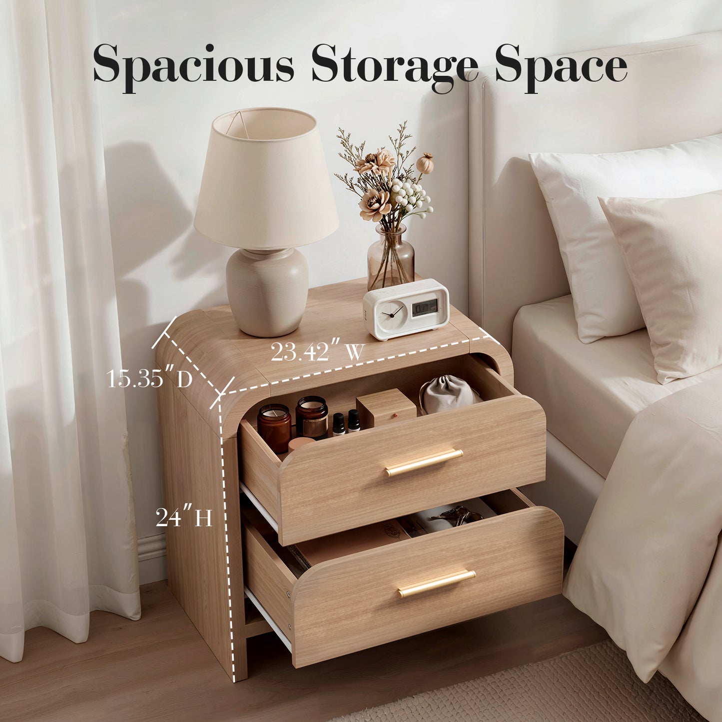 Night Stand Set of 2 [Unique Curved Profile] [FSC-Certified Wooden Board] 2-Drawer Nightstand 24" H Metal Handle Modern Sturdy Bedside Table