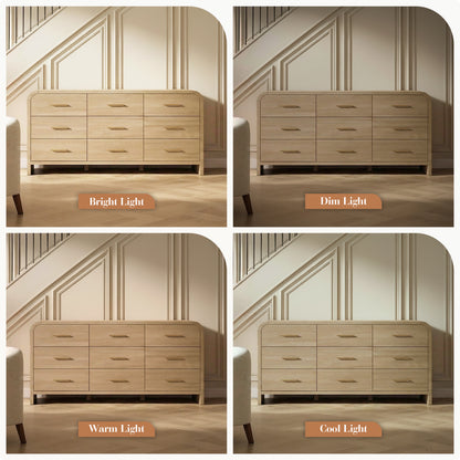 Curved 9-Drawer Dresser for Bedroom, 63" Wide Modern Chest of Drawers, Vanity Desk TV Stand for Living Room, Closet Storage Drawers Organizer Furniture, Nursery, Hallway, Oak