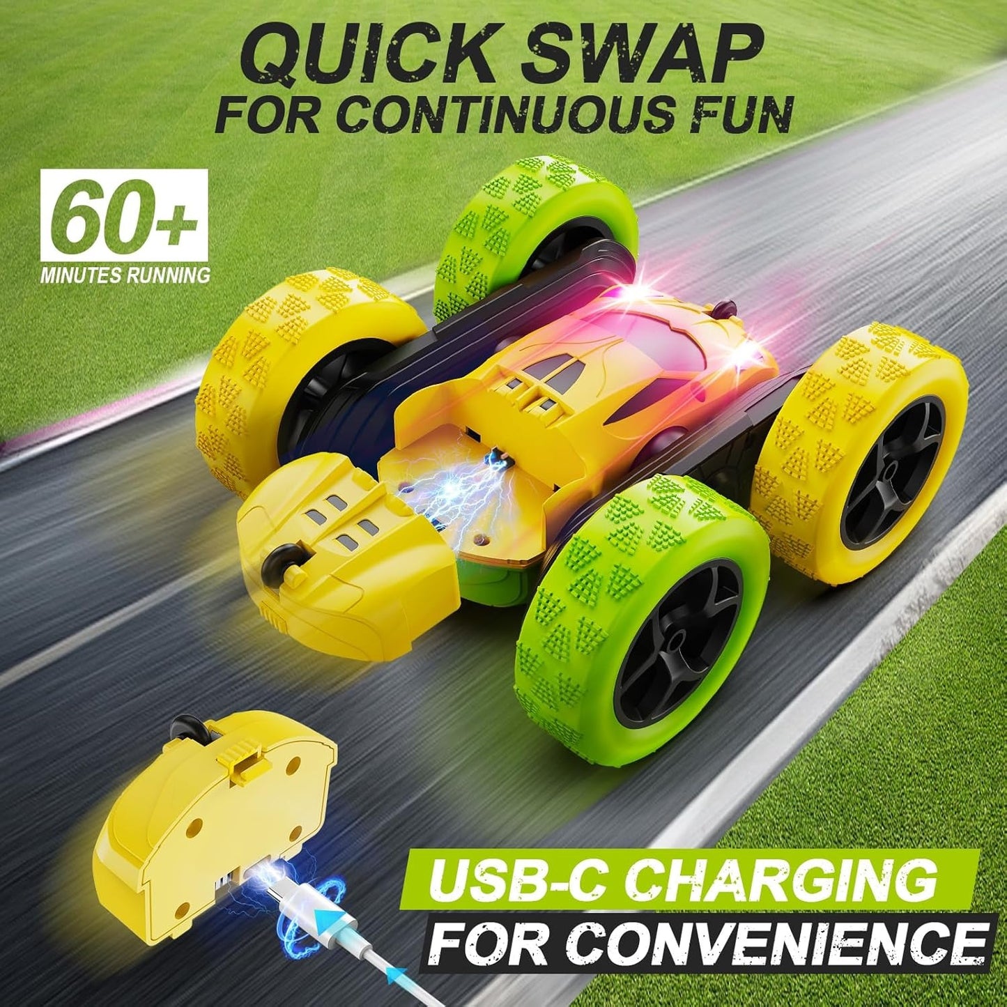 2.4GHz RC Stunt Cars Toys for Kids Yellow & Green