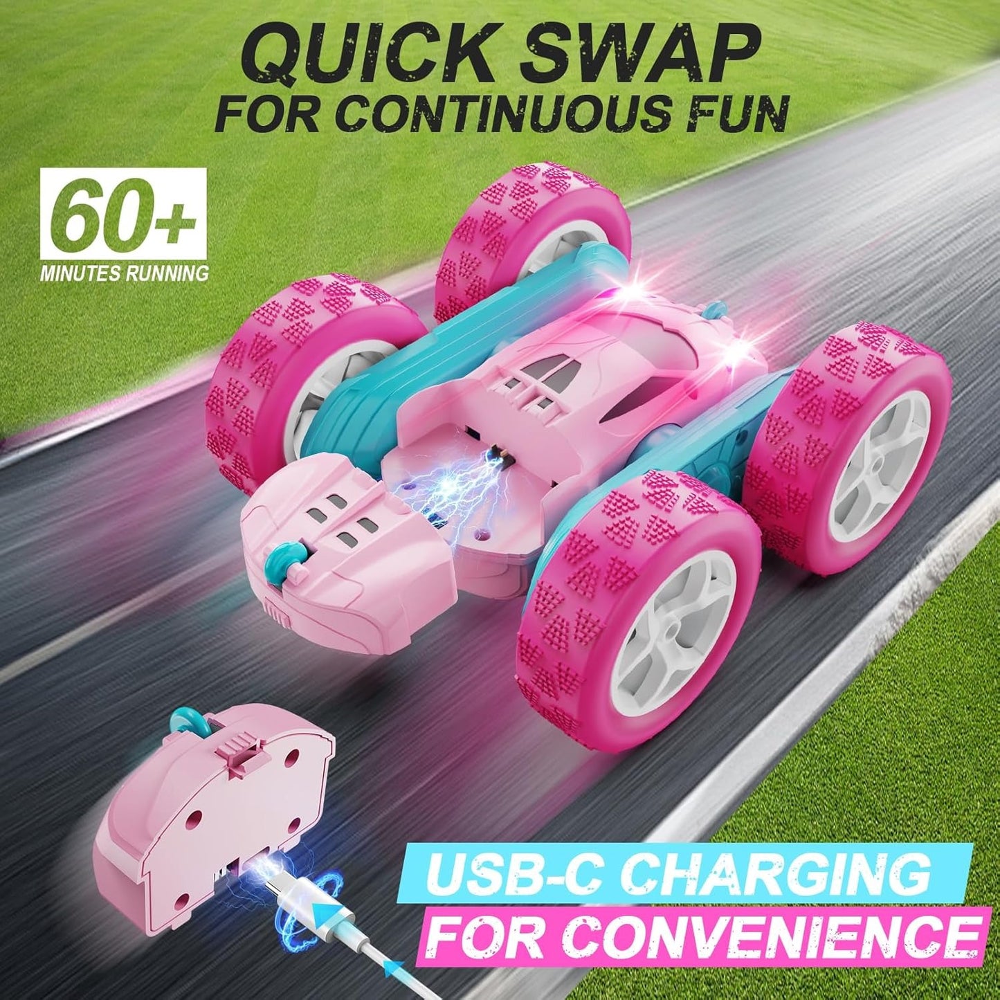 2.4GHz RC Stunt Cars Toys for Kids Pink