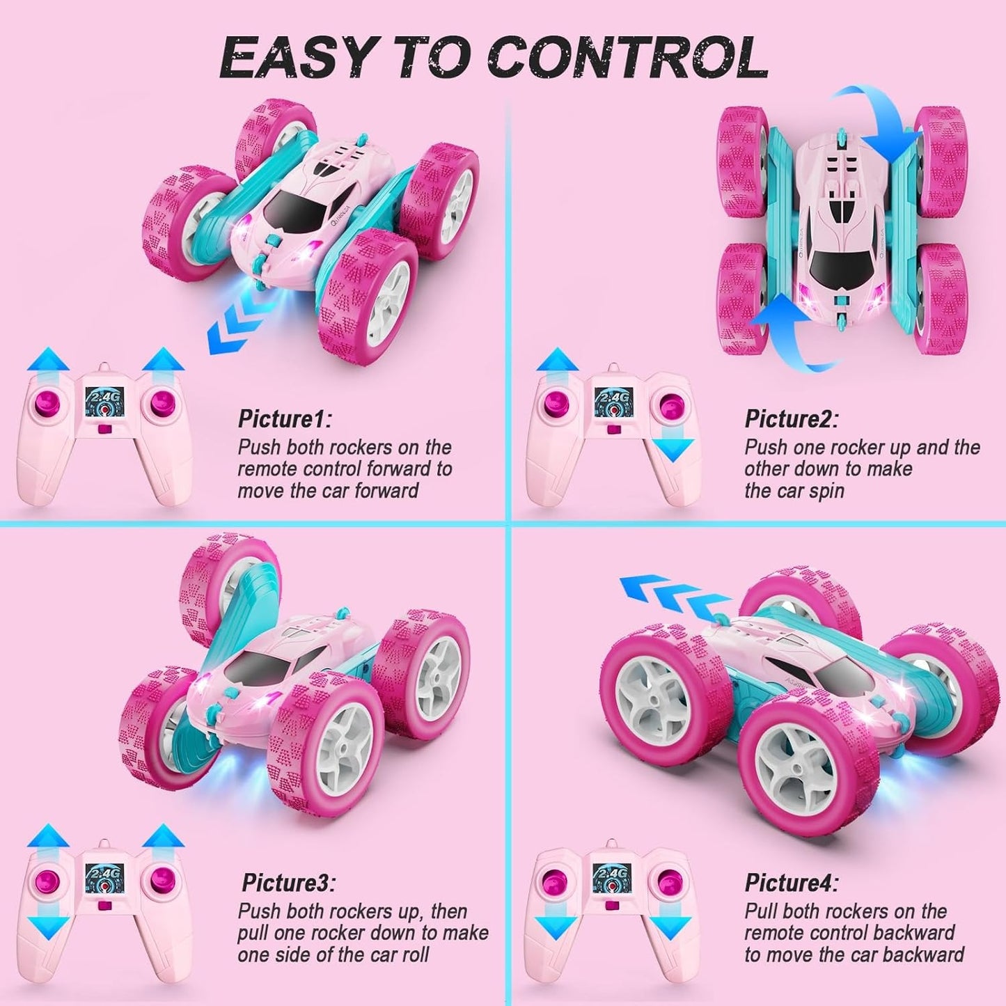 2.4GHz RC Stunt Cars Toys for Kids Pink