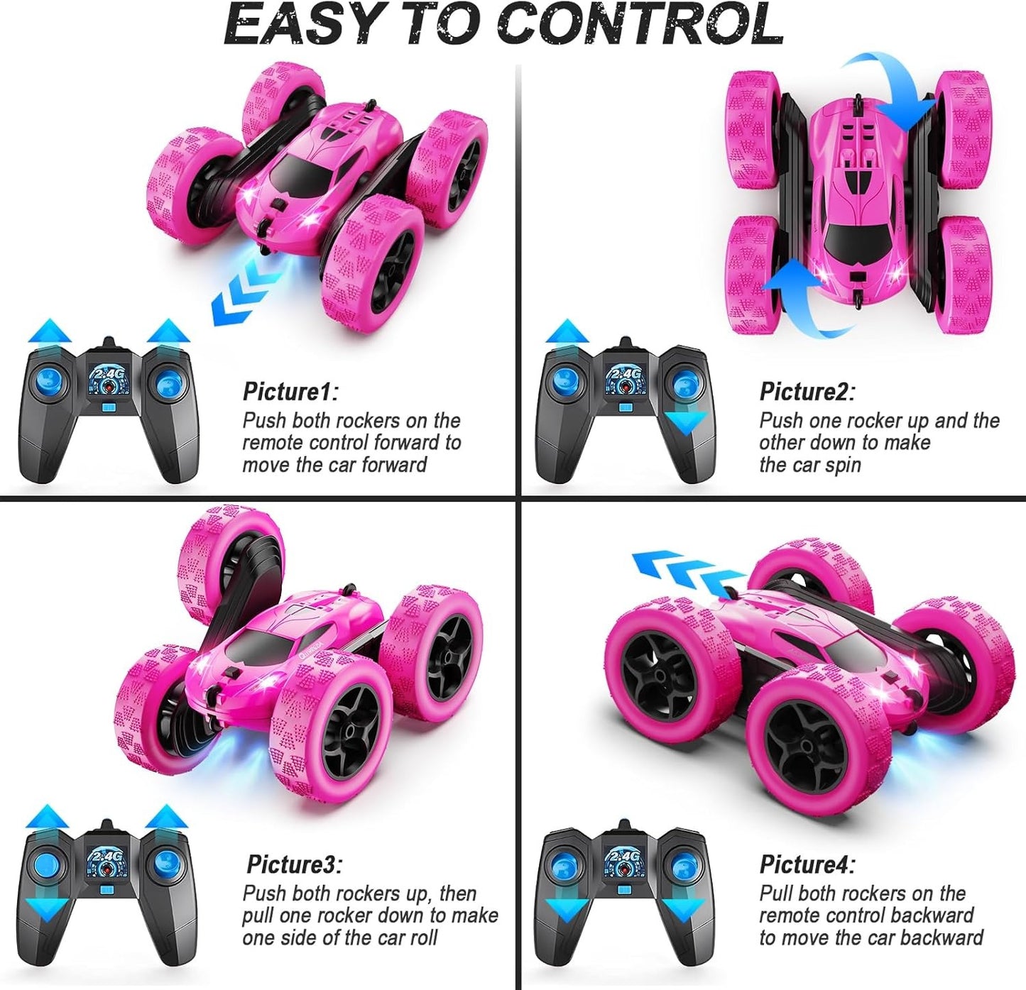 2.4GHz RC Stunt Cars Toys for Kids Rose