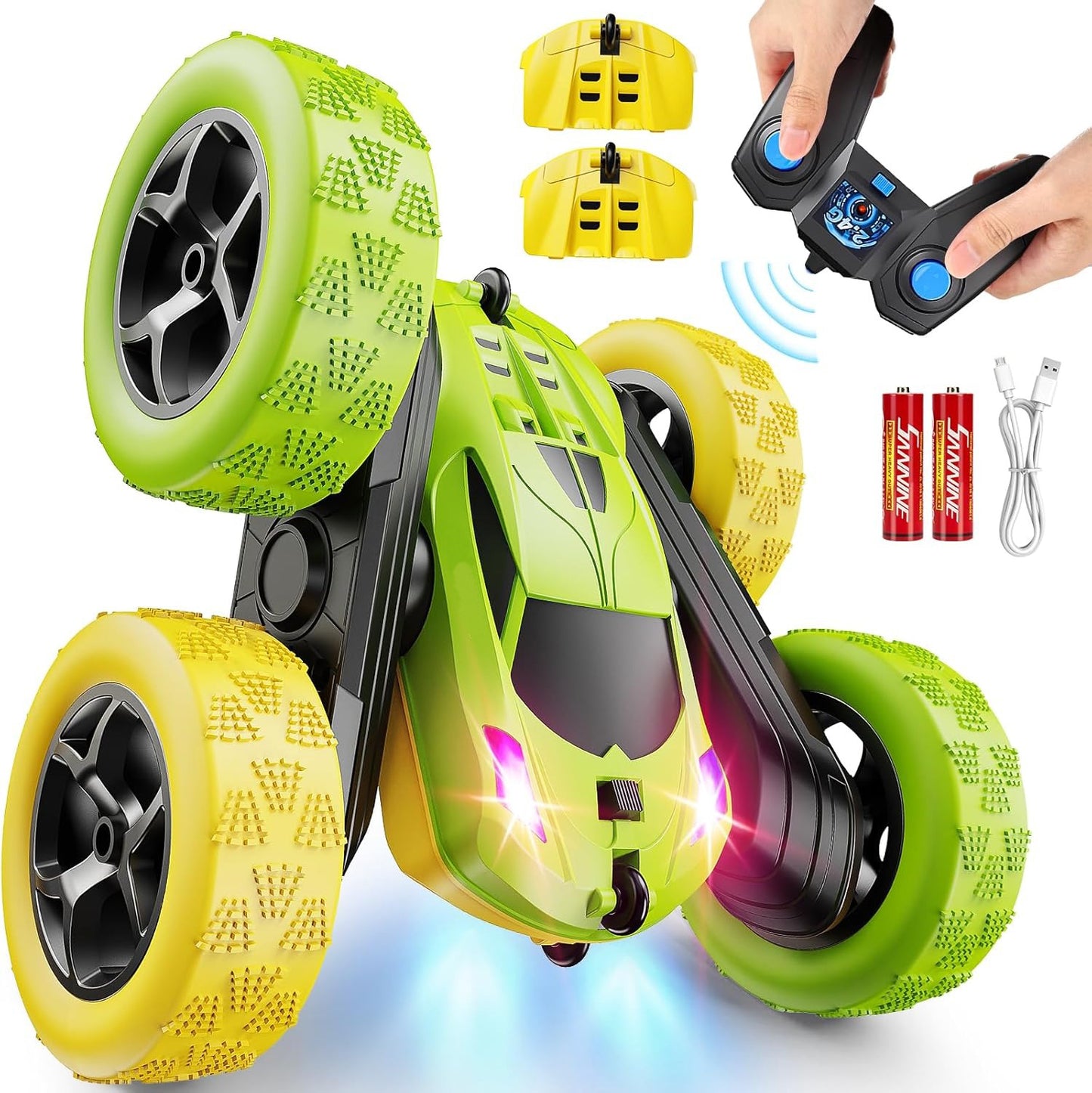 2.4GHz RC Stunt Cars Toys for Kids Yellow & Green